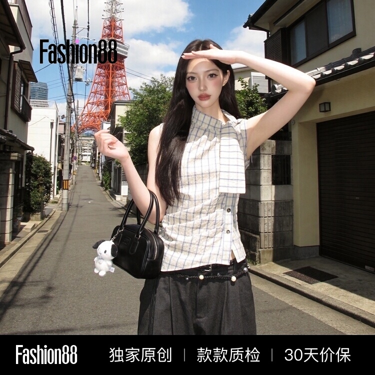 Summer Plaid High-Neck Tie-Waist Top for Women, New Slim-Fit, Stylish, Versatile Shirt, Beautiful Photo Shoot Outfit Summer Plaid High-Neck Tie-Waist Top for Women, New Slim-Fit, Stylish, Versatile Shirt, Beautiful Photo Shoot Outfit