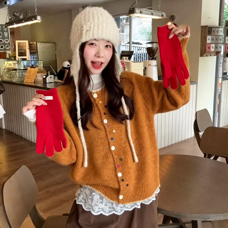 Korean-Style Pumpkin Orange Knit Cardigan for Women, Autumn Color Button Loose Short Long-Sleeve Youthful Gentle Cardigan Top