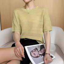 Summer new thin round neck fashionable knitted short-sleeved T-shirt for women loose hollow striped bottoming half-sleeved shirt top