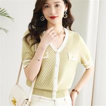 Fragrant style short-sleeved v-neck t-shirt womens summer 2024 new ice silk sweater top