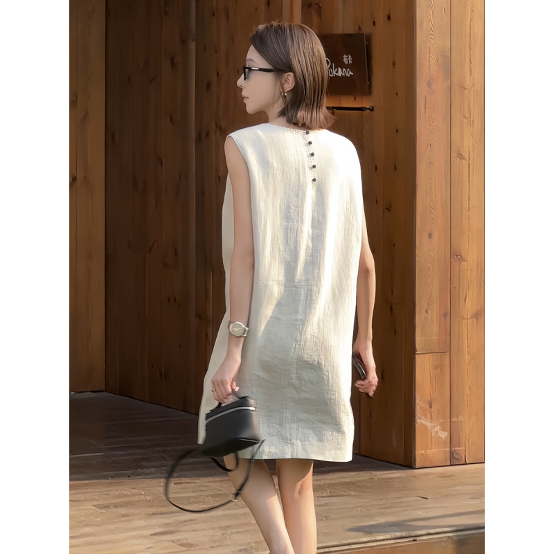 【Boss Zhou】Old Money Style Summer Minimalist Comfortable Natural Linen Color Linen Elegant Sleeveless Vest Dress for Women