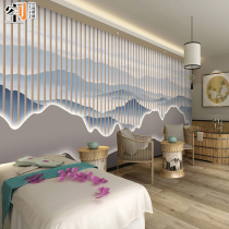 Chinese classical landscape wood grain grille screen wallpaper Chinese medicine health center confinement beauty salon front desk wallpaper