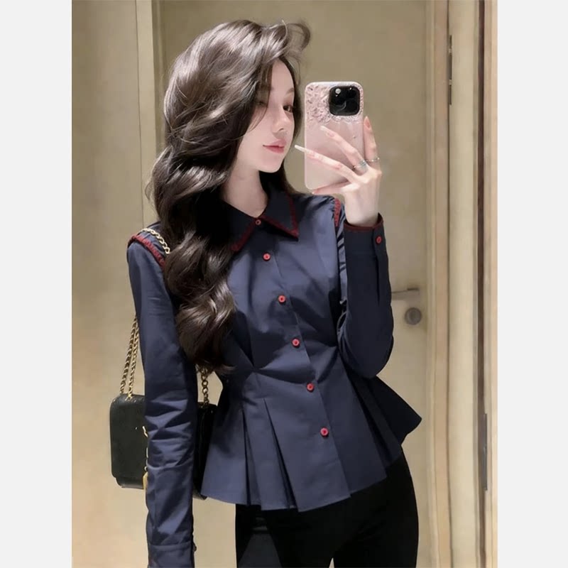 Plus Size Navy Blue Slim Fit Shirt Top 2026 Spring New Arrival Short-Sleeved French High-End Shirt