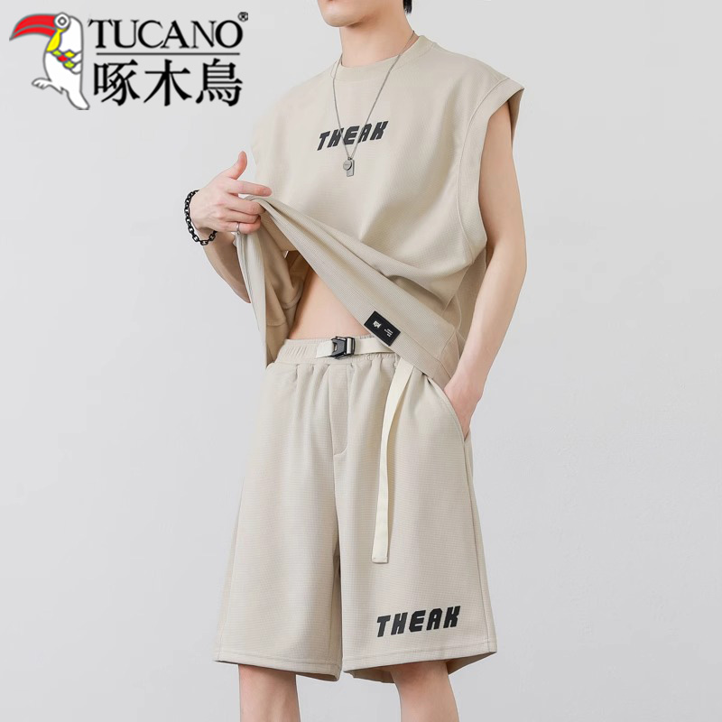 啄木鸟冰丝背心t恤男夏季跑步套装宽松运动小飞袖篮球服休闲短裤