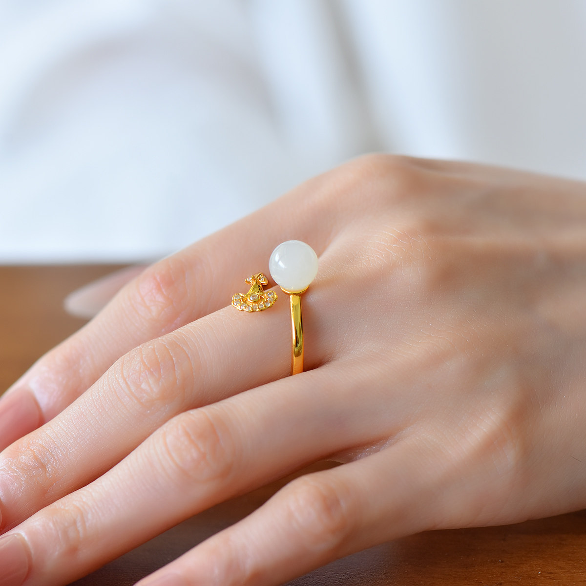 S925 silver inlaid with Hetian jade beads ring 1025