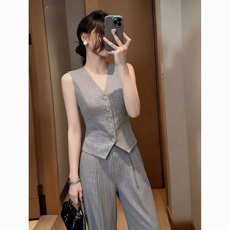 2026 Summer New Style Waist-Cinching Vest Set for Women, Sleeveless Vest + High-Waisted Floor-Length Wide-Leg Pants Two-Piece Set