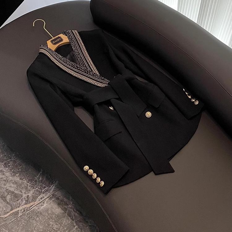 Fashionable Black Light Luxury Unique Niche Collar Rhinestone Blazer New Early Autumn Waist-Cinching Tie Small Suit