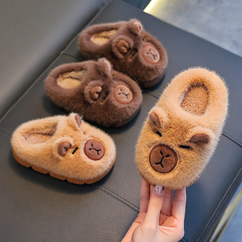 Children's Cotton Slippers for Boys and Girls, Winter Warm and Cold-Proof, Indoor Non-Slip, Cute Cartoon Furry Heel-Covered Cotton Shoes