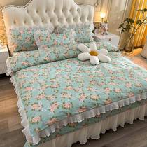 2023 Korean Princess Style Pure Cotton Bed Cover Four-piece Set 100 Cotton Quilted Sheets Quilted Tatami Kang Cover 4
