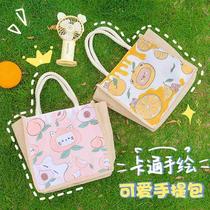 2024 new imitation linen bag ins handbag student carrying lunch cartoon lunch box bag small fresh large capacity lunch bag