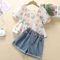 Balabala girls floral shirt suit summer little girl short-sleeved top fashionable denim shorts children summer