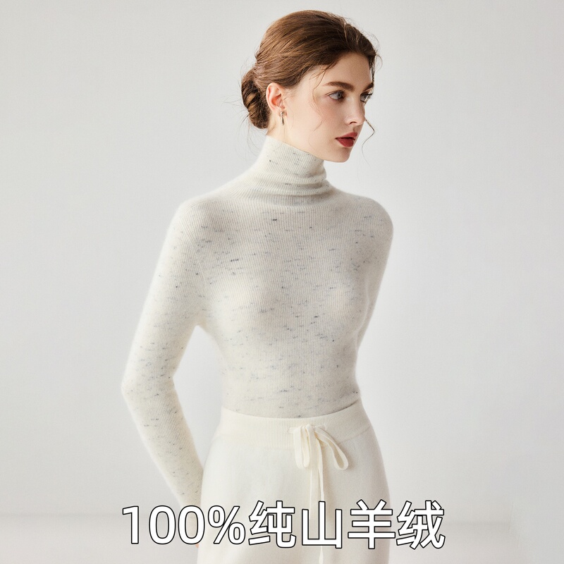 Classic Floral Yarn ~ 100% Pure Cashmere Sweater for Women, Stacked Collar, Slim Fit, Tight Knit, High Neck Base Layer
