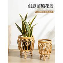 Nordic style woven imitation rattan flower pot flower stand triangular living room floor-standing balcony bamboo flower basket plant indoor flower stand