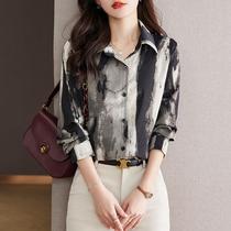 Retro printed chiffon shirt womens 2024 spring new casual loose temperament shirt spring and autumn long-sleeved tops