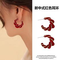 New Chinese style national style red earrings light luxury high-end half circle twist earrings flocked velvet earrings 2024 autumn and winter