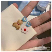 Fun Cartoon Bear Earrings ~ Blue Peach Heart Flower Contrast Color Spring and Summer New Earrings Womens Ins Earrings Ear Clips