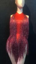 Women New Red Tassel Sexy Shiny Rhinestone Bodysuit Party Ba