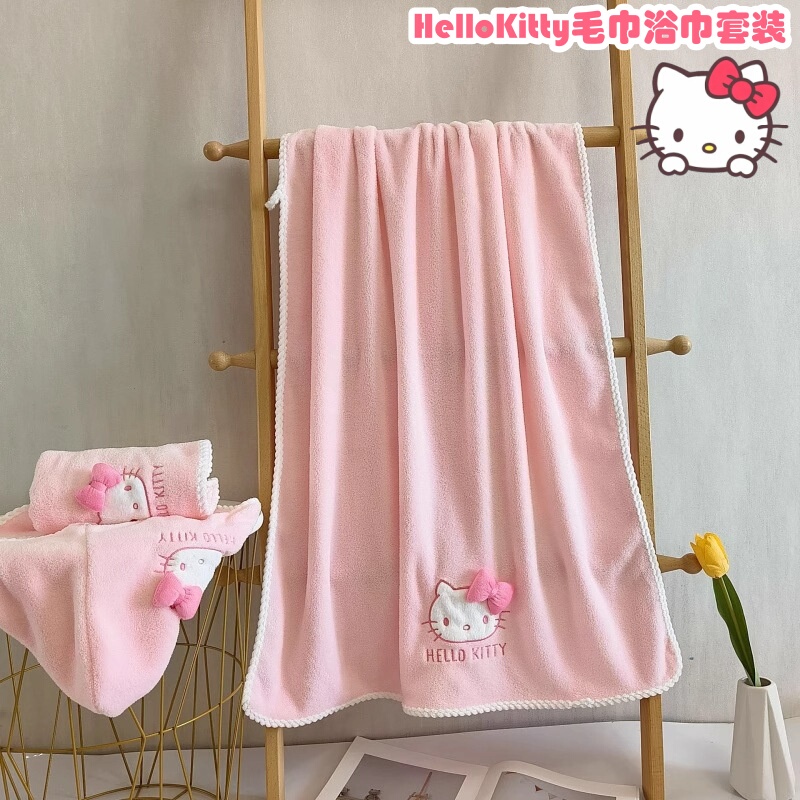 Hello Kitty Household Coral Fleece Bath Towel, Absorbent, Quick-Drying, Non-Shedding, Hello Kitty Wrap Towel, Hair Drying Cap