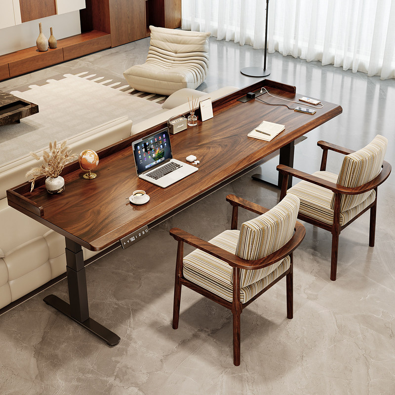 Walnut Electric Height-Adjustable Table with Solid Wood Double Study Desk Behind the Sofa, Suitable for Small Bedrooms, High-End Home Computer Desk Walnut Electric Height-Adjustable Table with Solid Wood Double Study Desk Behind the Sofa, Suitable for Small Bedrooms, High-End Home Computer Desk