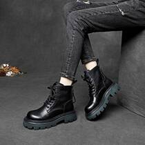 Genuine leather Martin boots for women retro solid color lace-up thick-soled mid-calf boots platform soles double zippers casual round-toe single boots