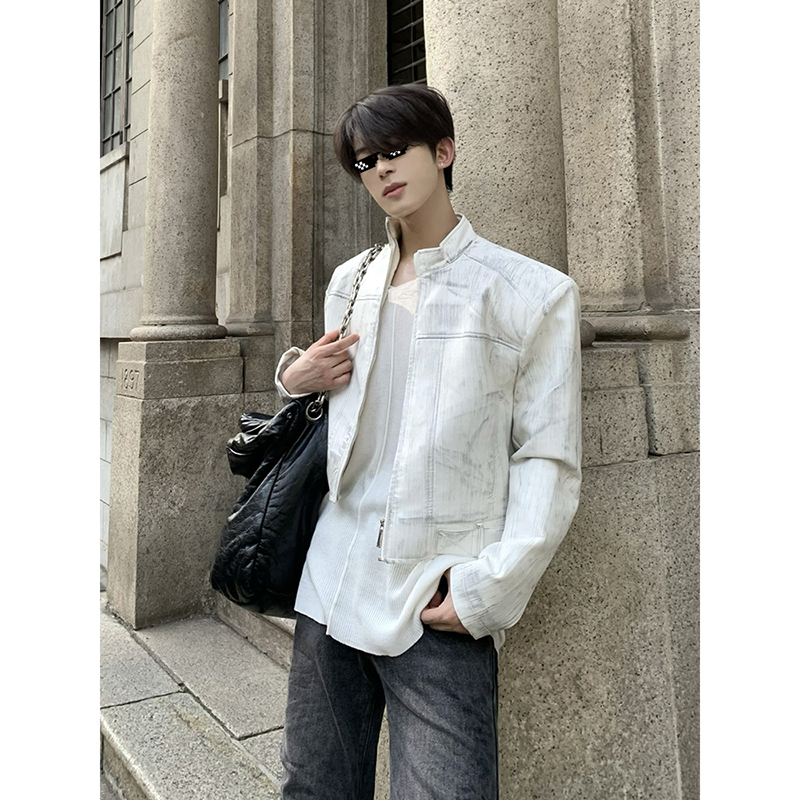 Original Niche Cool Short Men's Jacket with Shoulder Pads, High-End Punk Leather Jacket, Spring College Style Stand-Up Collar Jacket Original Niche Cool Short Men's Jacket with Shoulder Pads, High-End Punk Leather Jacket, Spring College Style Stand-Up Collar Jacket