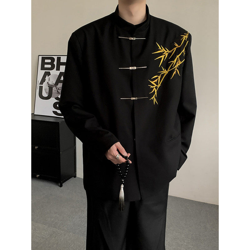 New Chinese-Style Men's Engagement Suit, Traditional Chinese Style Stand-Up Collar Zhongshan Suit with Gold Bamboo Embroidery, Boys' Adult Formal Suit