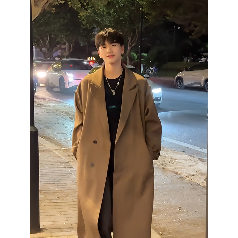 Khaki German-Style Trench Coat for Men, Mid-Length, Over-The-Knee, Casual Overcoat, Spring and Autumn, British Style, Preppy Jacket