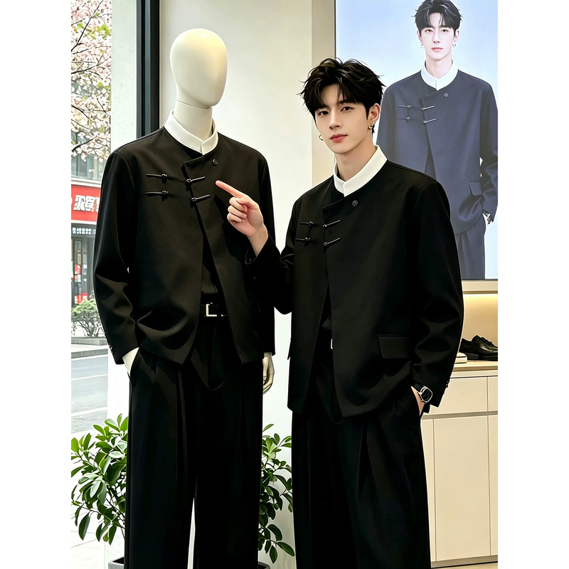 New Chinese-Style Metal Buckle Shoulder Pad Suit for Men, Stand-Collar High-End Handsome Tuxedo, Engagement Toast Attire