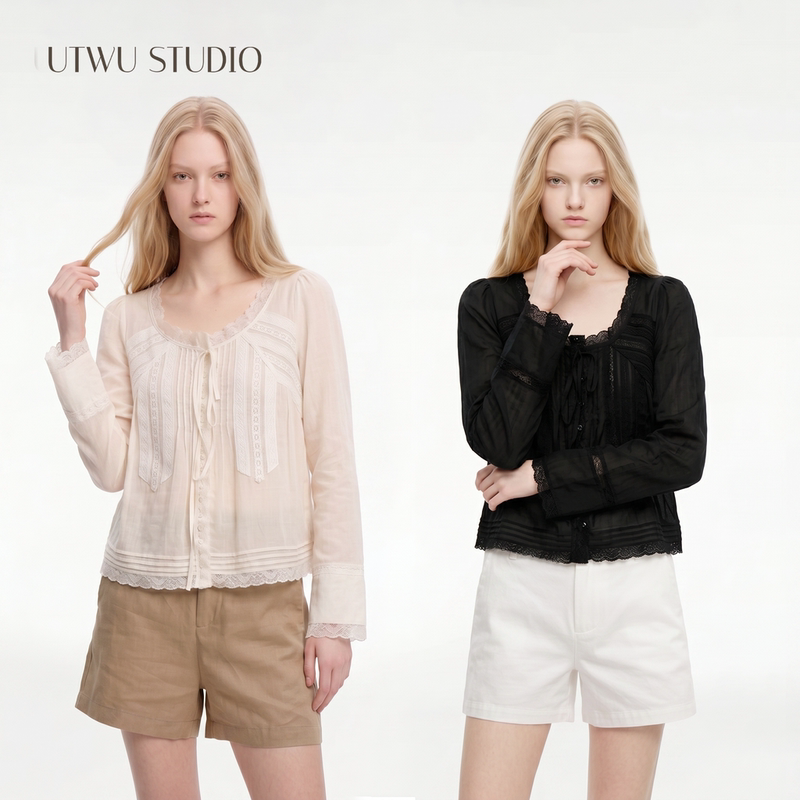Xiaomin's "Renaissance" Mulberry Silk × Cotton French Lace U-Shaped Thin Lace Sheer Shirt Utbc1042