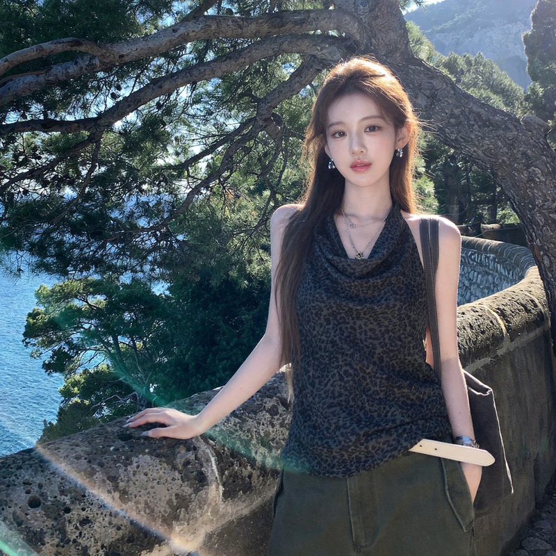 American Retro Leopard Print Plaid Halter Neck Camisole for Women, Summer Slimming Stylish Outerwear Top for Photo Shoots