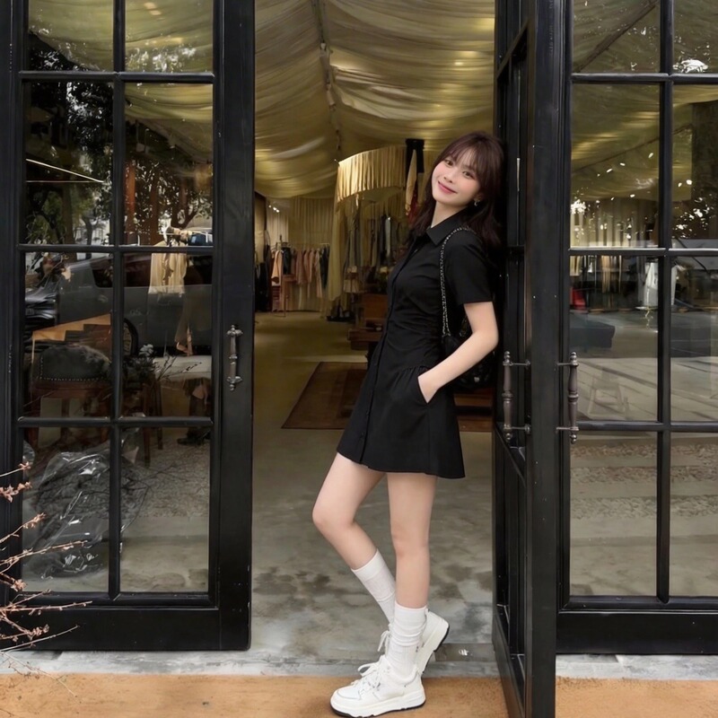 Wuyu White Tea·Academy Style Black Polo Collar Dress for Women, Summer Slim Fit Short Sleeve Shirt Dress for Petite Figures