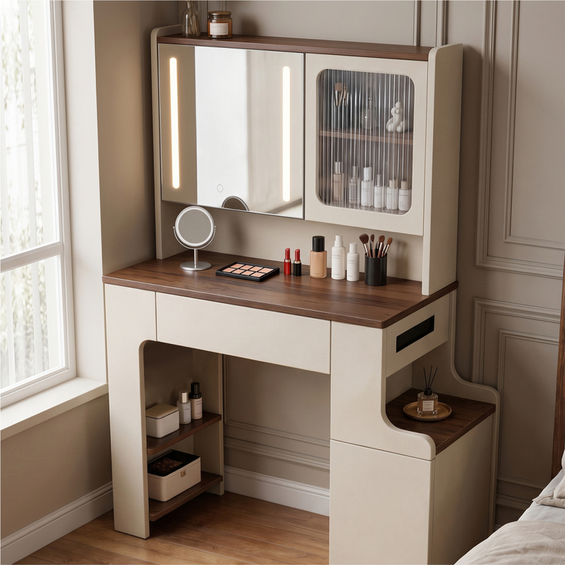 Dressing Table and Drawer Cabinet Integrated with Lighted Mirror Cabinet, Bedroom Light Luxury Off-White Bedside Makeup Table, Large Capacity Storage Rack