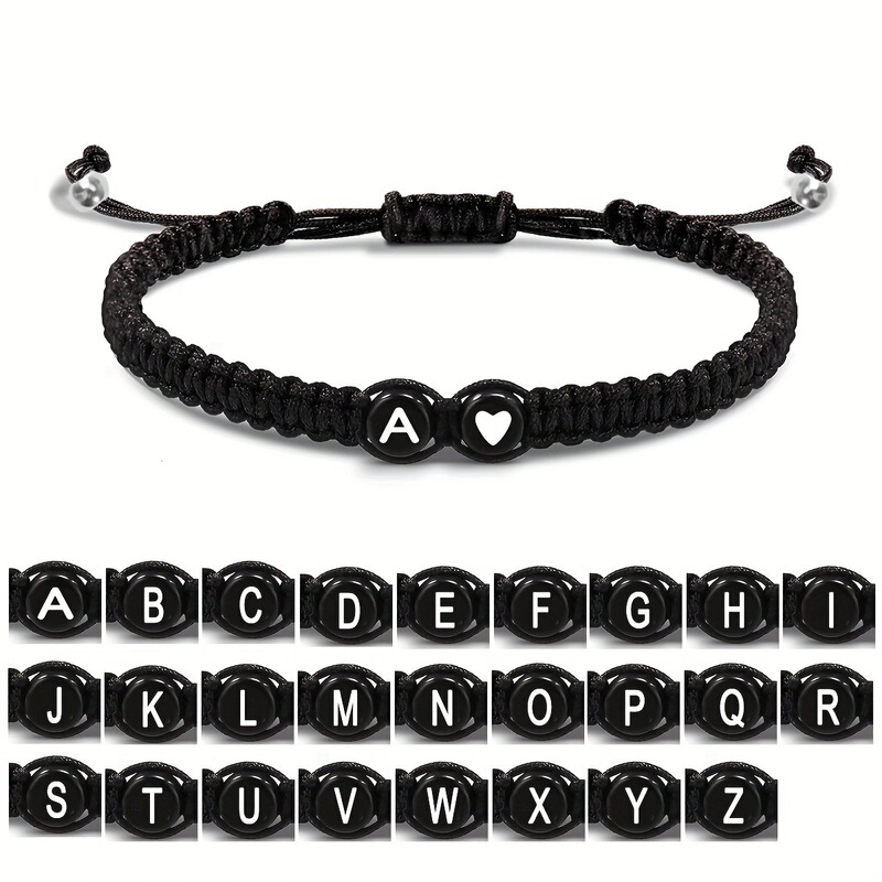26 English Alphabet Bracelets, Hand-Woven, Adjustable, Acrylic Black and White Heart-Shaped Couple Woven Alphabet Bracelets