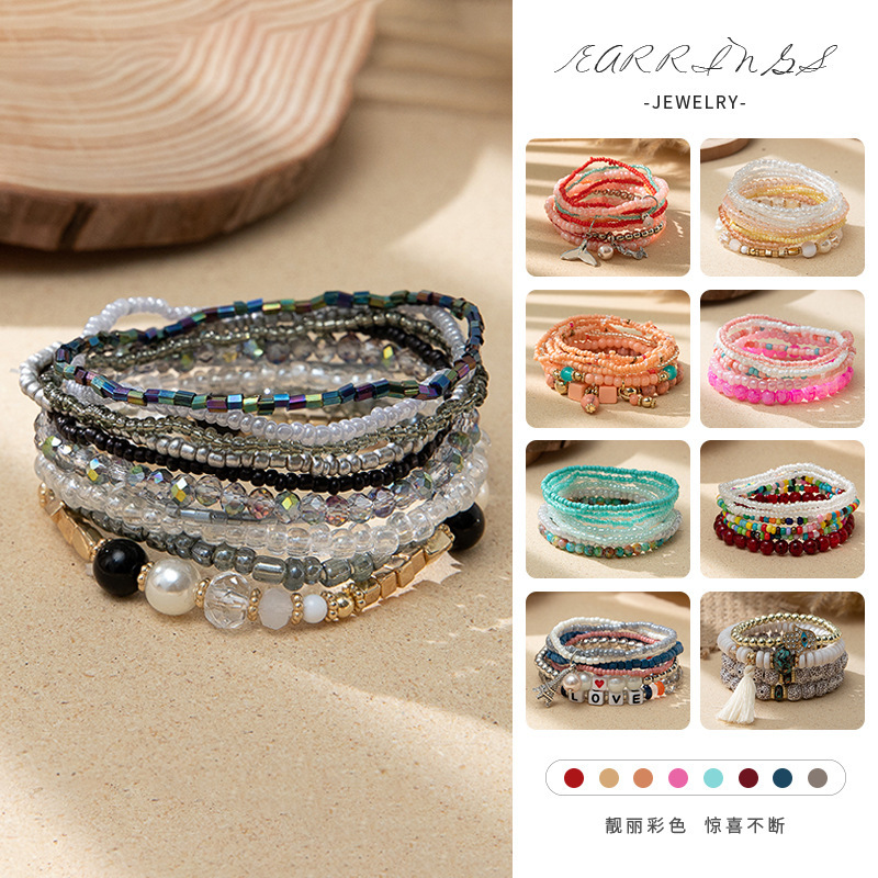 Bohemian Ethnic Style Multi-Circle Stacked Vintage Bracelet with Unique Design, Niche Color-Blocking Bracelet with Leaf Tassels