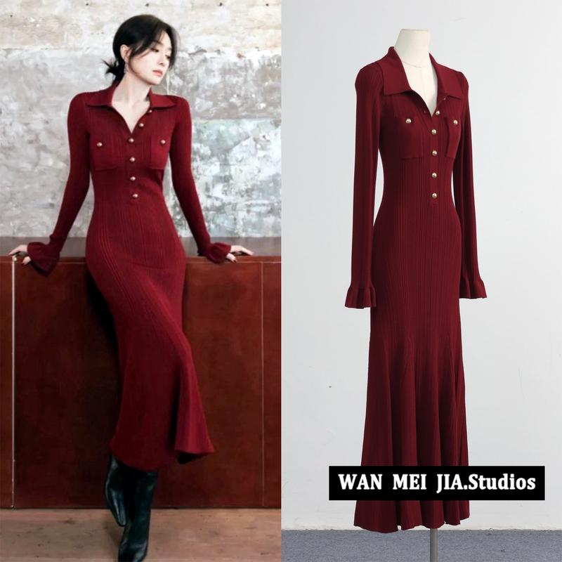Qin Lan's Same Style Burgundy French Elegant Chanel-Inspired Light Luxury Knitted Fishtail Dress for Women, Slim-Fitting Waist-Cinching Dress Qin Lan's Same Style Burgundy French Elegant Chanel-Inspired Light Luxury Knitted Fishtail Dress for Women, Slim-Fitting Waist-Cinching Dress