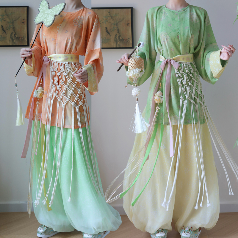 Zero Xi Ge Original【Chimengli】Tang-Style Printed Short Round-Neck Robe Hanfu Women's Lantern Pants Set for Daily Wear