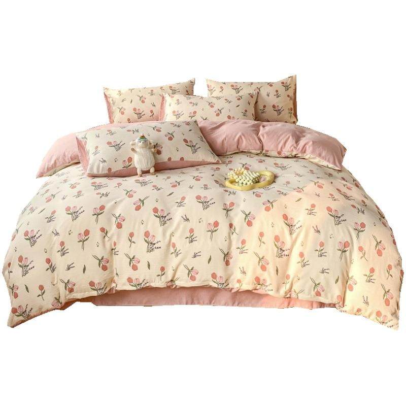 Maternity-grade four-piece set of thickened jacquard bubble cotton double-layer gauze dormitory bedding sheets, quilt cover and fitted sheet