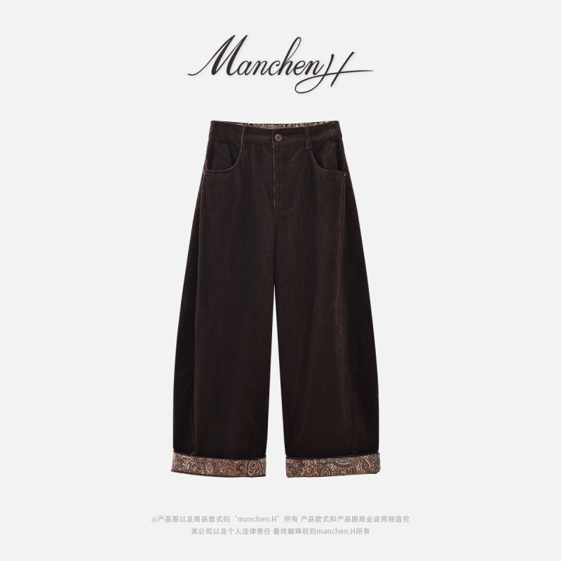 Manchenh "Retro Artist Style Luxury Corduroy Fabric Lined Printed Cropped Casual Pants