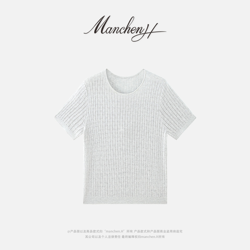 Manchenh "Soft Light Talent" Hk Longda Silk Cashmere Yarn Fine Knit 16-Gauge Vertical Texture Short Sleeve
