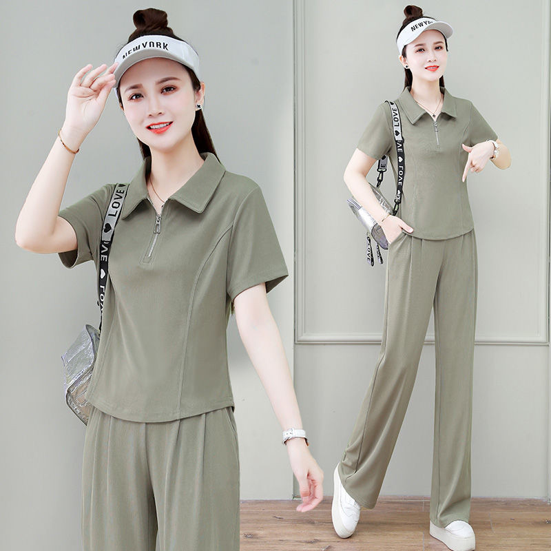 New Balance Ice Silk Casual Sportswear Suit for Women 2026 Summer New Fashion Stylish Lapel Short-Sleeve Wide-Leg Pants