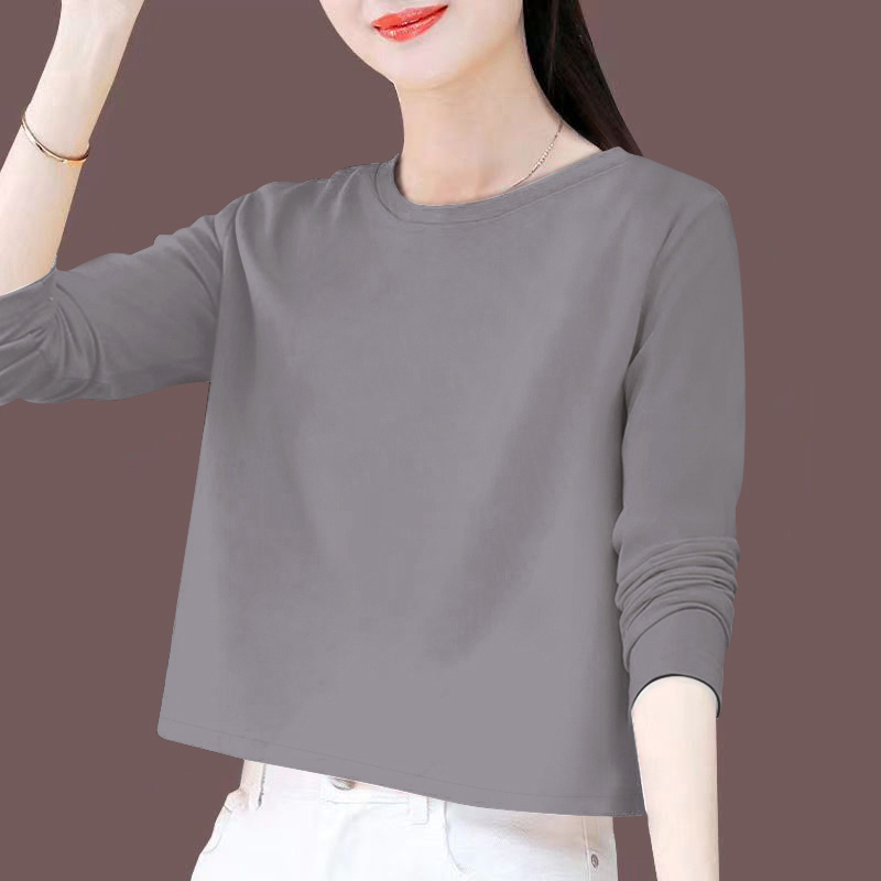 Gray Pure Cotton Long-Sleeve T-Shirt for Women, New Spring and Autumn Style, Short and Slim Fit, Solid Color Base Shirt