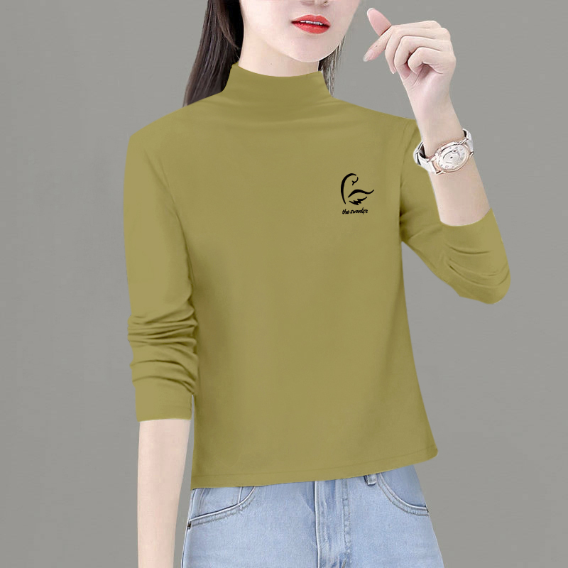 Petite Half-Turtleneck Base Shirt for Women, New Autumn and Winter Style, Loose Fit, Slimming Inner Layer, Long-Sleeve Brushed Warm T-Shirt
