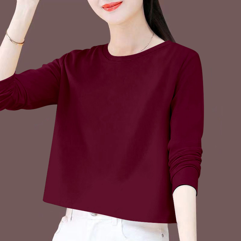 Burgundy Pure Cotton Slimming Base Shirt for Women, New Spring and Autumn Style, Loose Short Solid Color Long-Sleeve T-Shirt