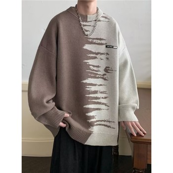 European station fashion irregular tie-dye sweater men's new pullover sweater loose design deer plush jacket European station fashion irregular tie-dye sweater men's new pullover sweater loose design deer plush jacket