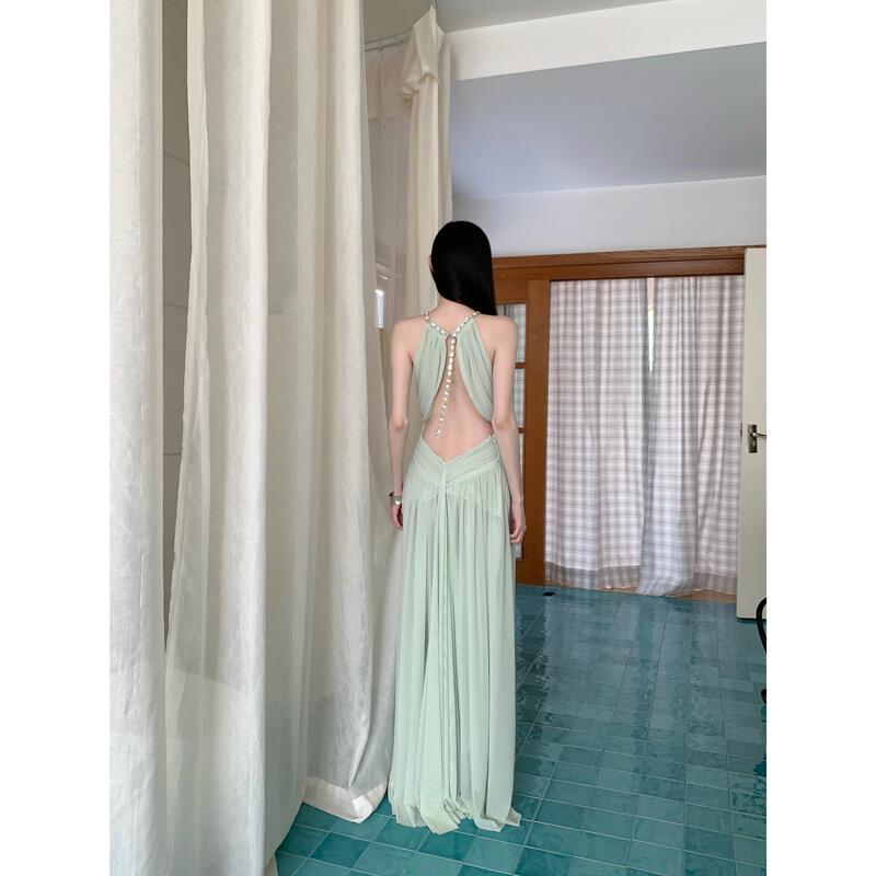 Aunt Peach Moonlight Muse French-Style Mesh Ruched Waist Halter Backless Gown Dress Long Dress Aunt Peach Moonlight Muse French-Style Mesh Ruched Waist Halter Backless Gown Dress Long Dress