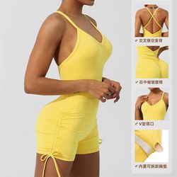 유럽 및 미국 V- 넥 JOUMPSUIT 얇은 스트랩 크로스-비아 피아 같은 백 요가 슈트 I 타이트한 반바지 소매 점프 슈트 가슴 패드