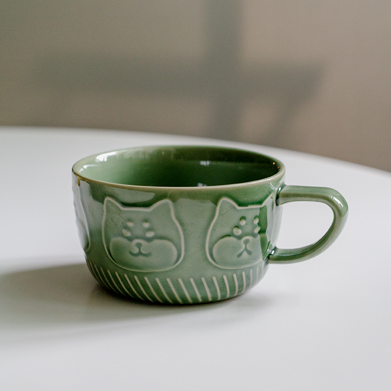 Chaigou Single Cup (In Stock)Japanese  Kitty ceramics relief Cartoon Well done! Soup cup With cover Water cup Mug teacup coffee cup grey a plate