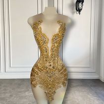 Sexy Sheer See Through Black Girl Short Prom Dress Golden Di