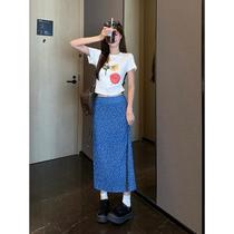 Plus size womens summer temperament slim fashion and personality printed T-shirt blue floral skirt suit