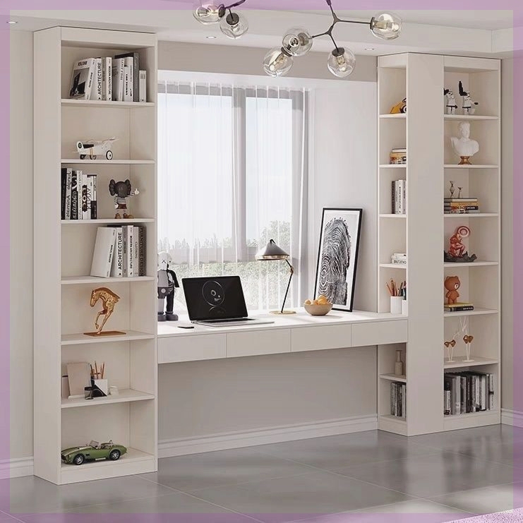 Bookshelf Placed on the Bay Window, Double Bay Window Desk and Bookshelf Integrated, Cream Style, Simple, Student Home Bedroom Storage